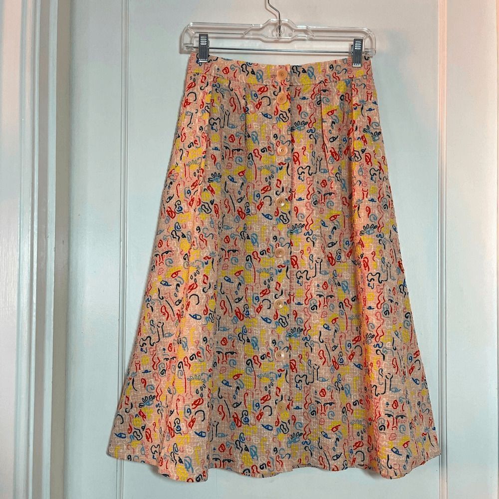 Nordstrom Cristina Martinez Button Front Skirt Peach Pink Doodle Women’s Size 2